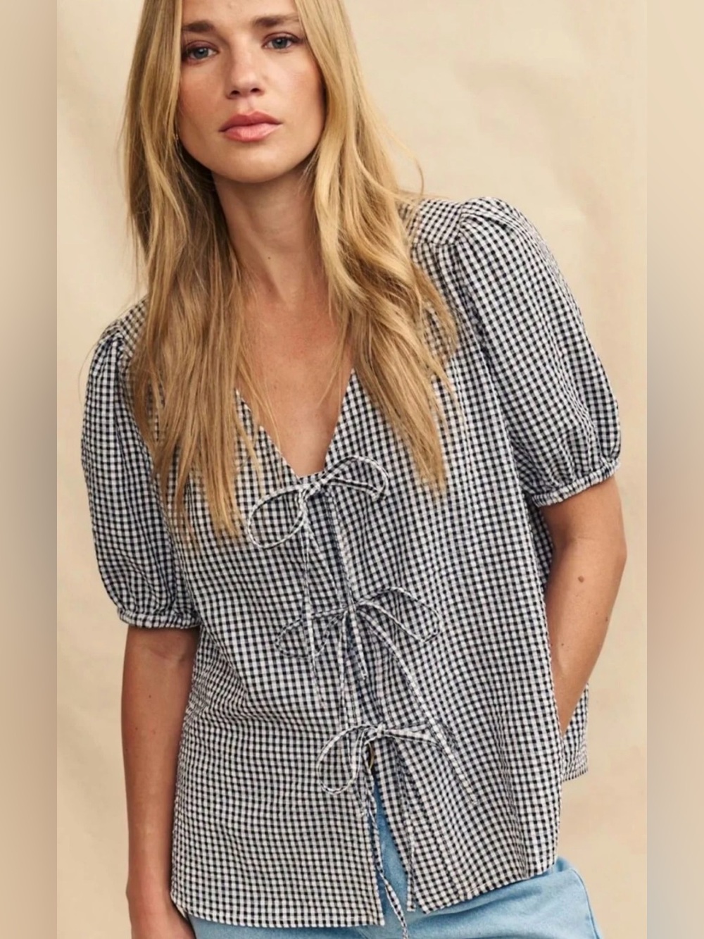 Nobody's Child Black Gingham Tie Front Bernadetta Blouse Size 0